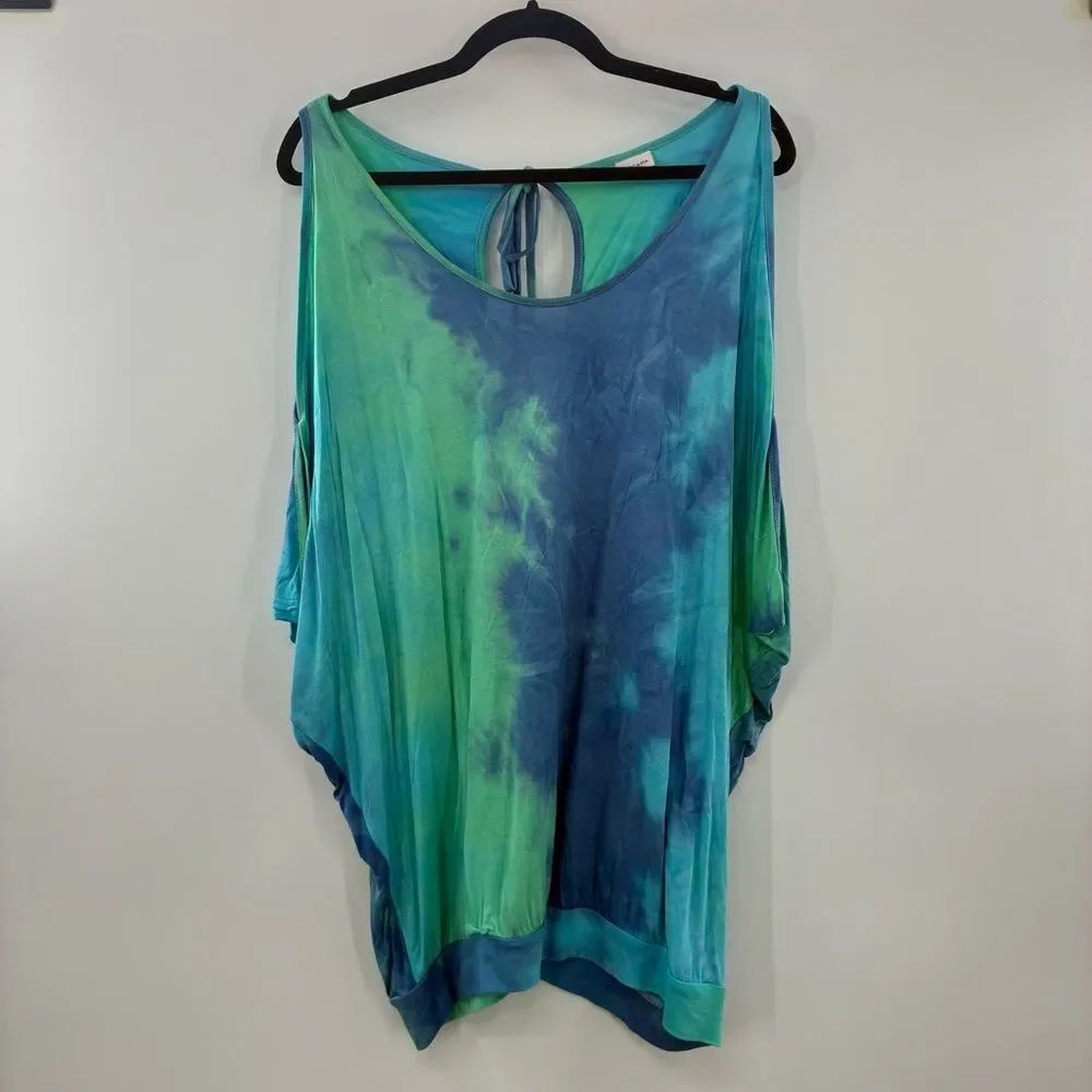 3For$20 Lascana Tie-Dye Flutter Sleeve Tunic Top - Blue & Green size